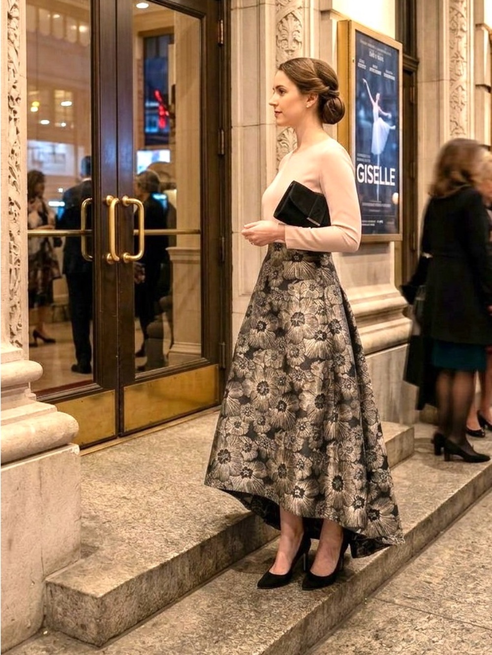Laura Floral Jacquard High-Low Flare Skirt, Black & Platinum Size 12